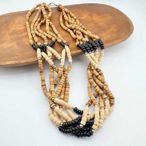 Vintage 80s Multi-Strand Wood Bead Necklace Boho Tribal Natural Earth Tones